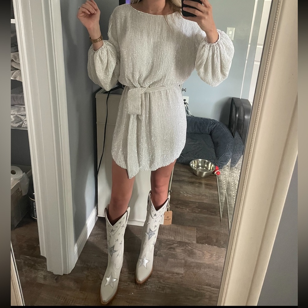 Retrofete white long sleeve sequin dress